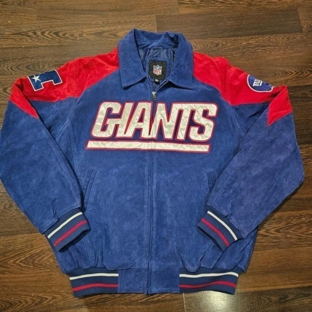 NFL New York Giants Suede Bomber Jacket Blue Red Full Zip Mens XL Embroidered